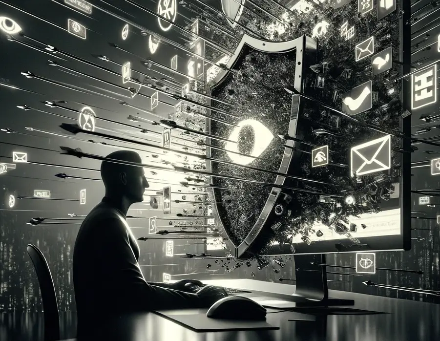 um homem em um computador com um olho em um escudo à sua frente e toneladas de flechas atingindo o escudo
