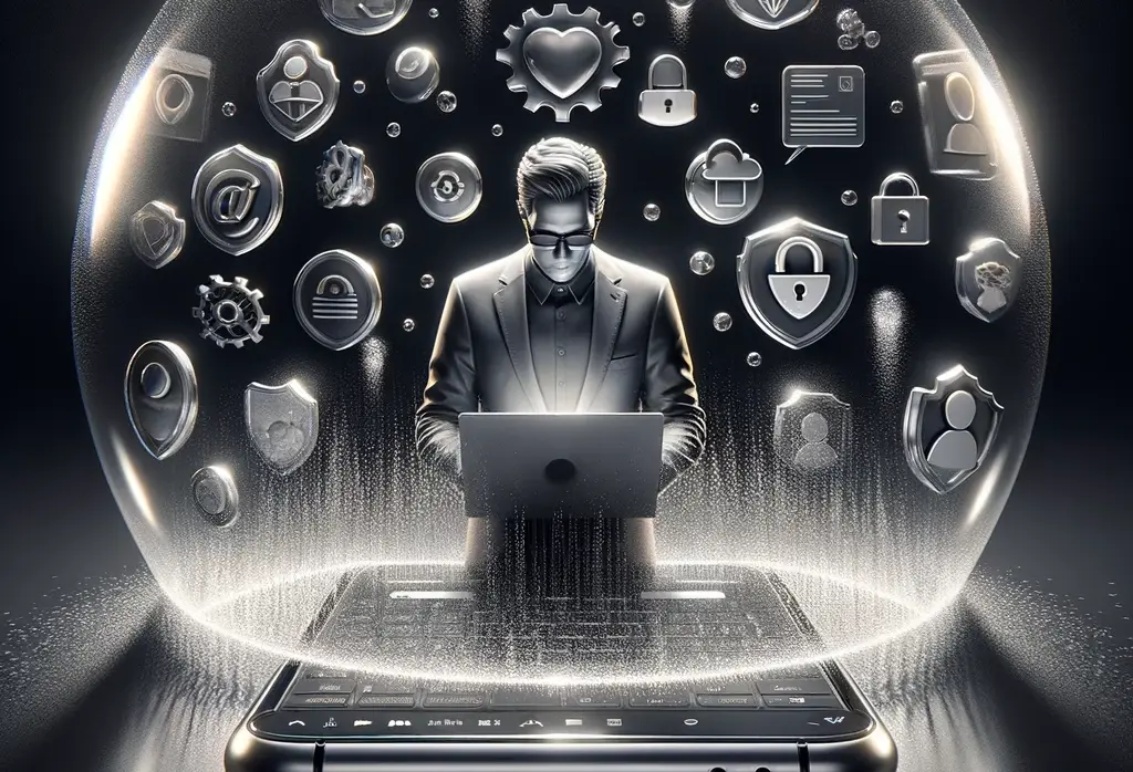 Un hombre en una burbuja con símbolos flotando a su alrededor. Emerge de un gran dispositivo móvil colocado sobre una superficie plana y oscura