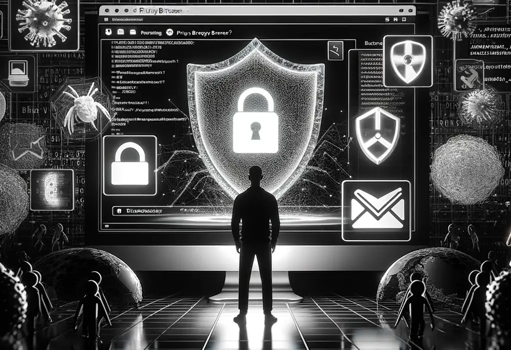 Un hombre se encuentra en una gran sala oscura con una enorme pantalla de ordenador delante de él con un icono de cerradura en él, él está evaluando la seguridad