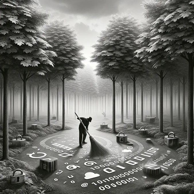 A person sweeps the pathway through an eerie forrest