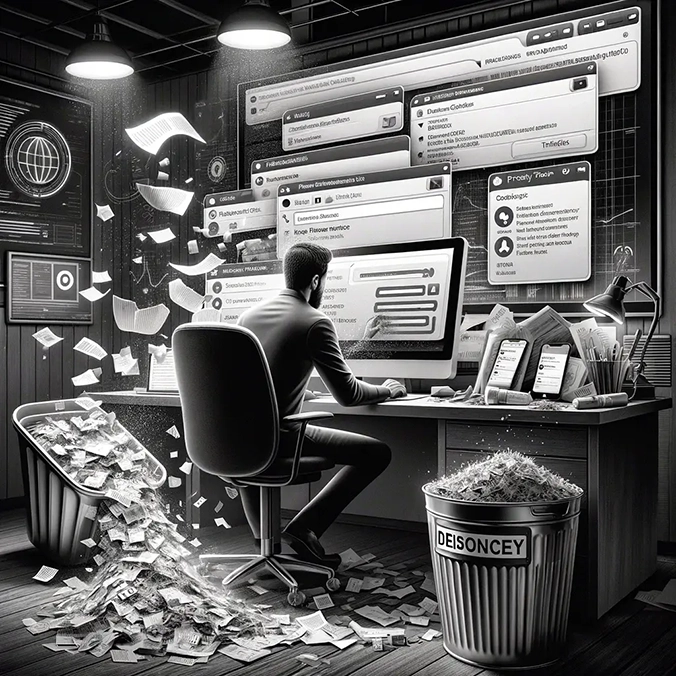 Uma pessoa corporativa senta-se em um escritório bagunçado, com arquivos por toda parte, tentando arrumar a bagunça