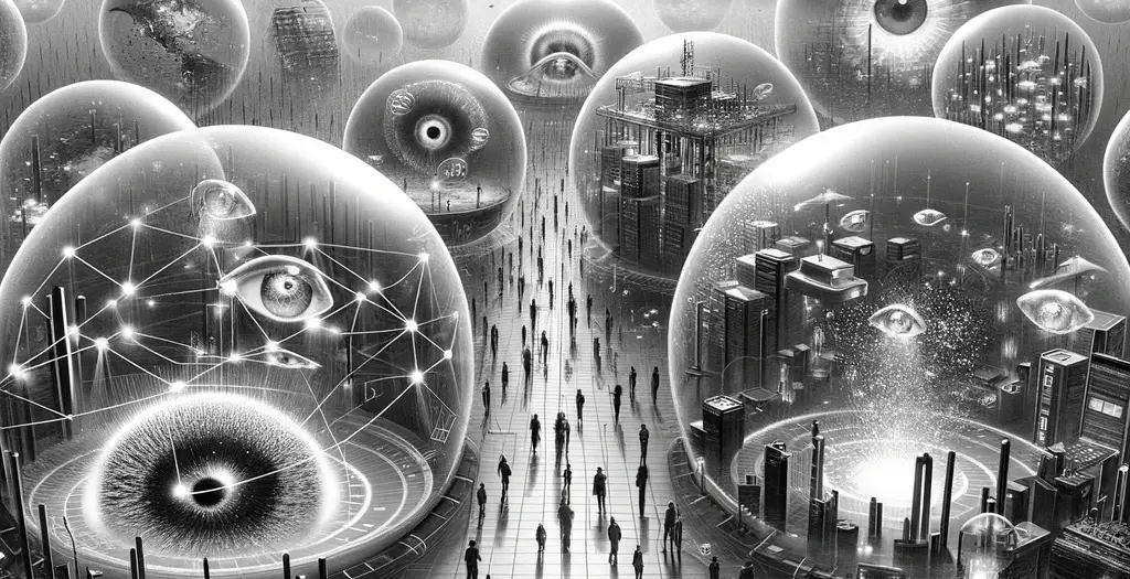 Una escena futurista de ciencia ficción con toneladas de enormes globos oculares por todas partes mientras muchas figuras humanas diminutas deambulan por la zona.