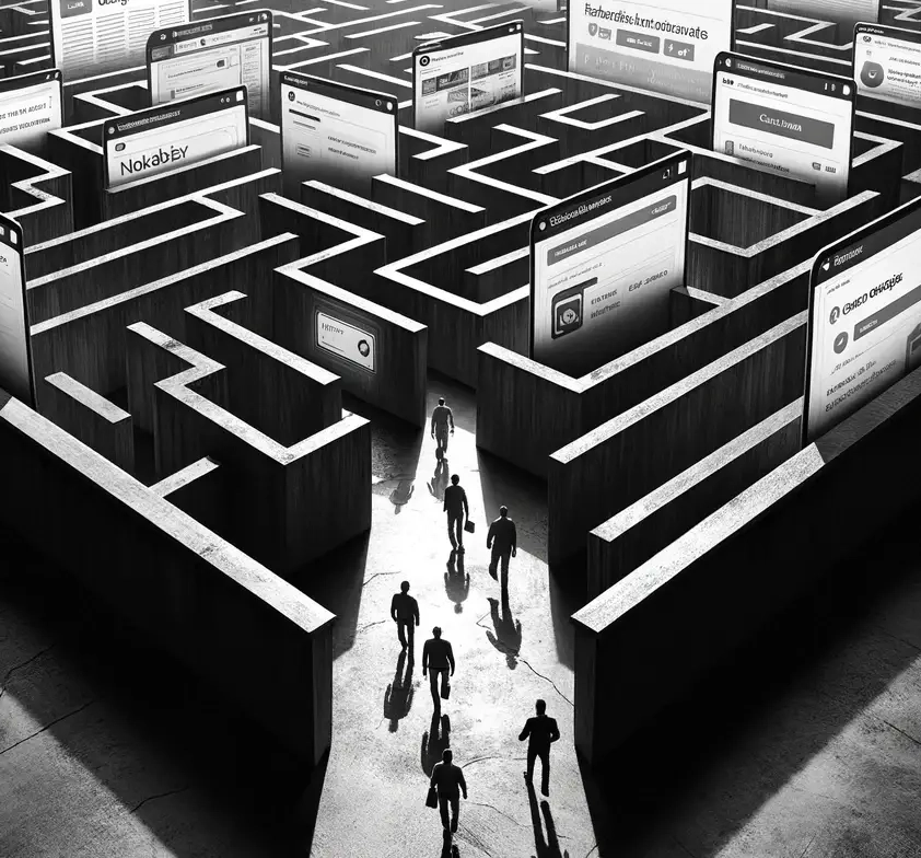 A shadowy maze with human figures attempting to navigate