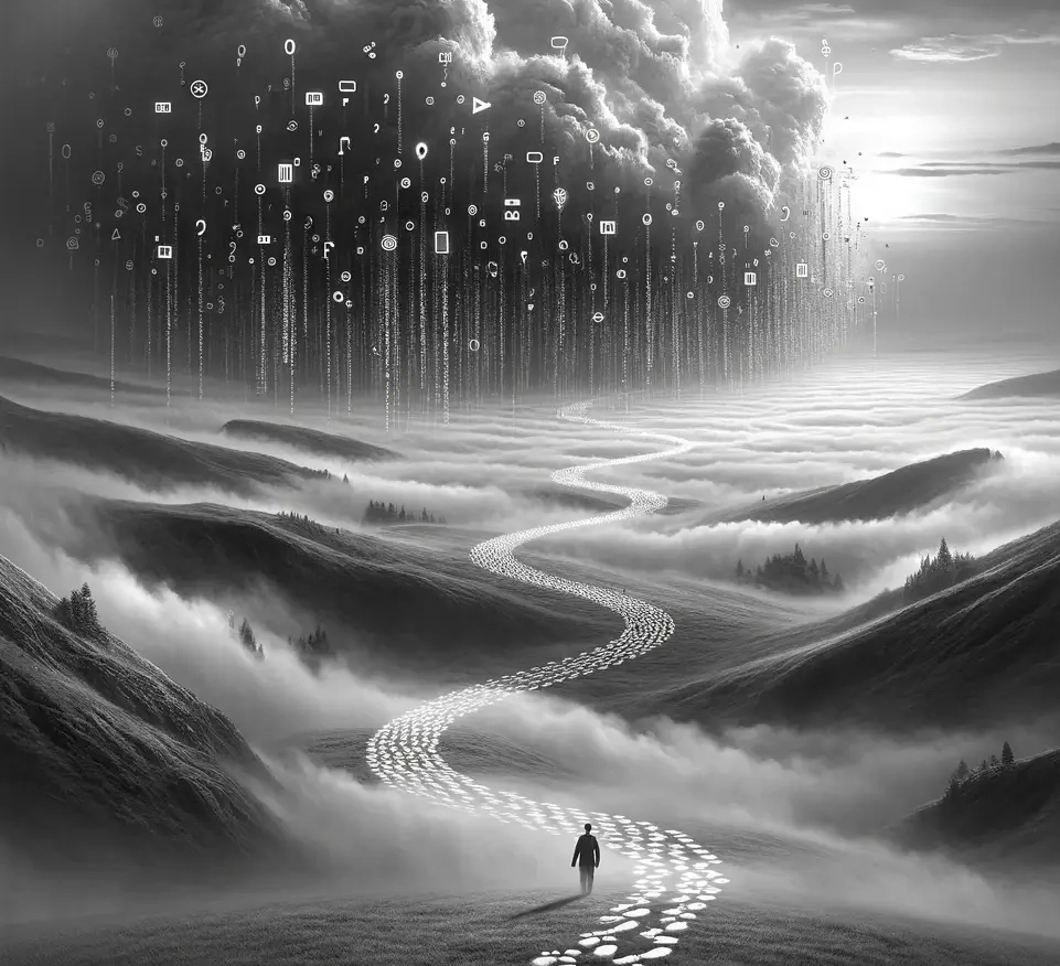 A trail of footprints along a forward path into the horizon of a dream world