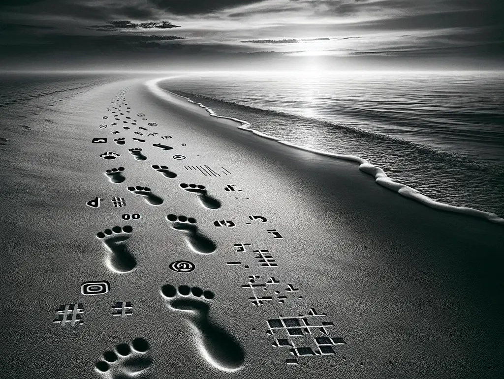 ما هي البصمة الرقمية ، آثار أقدام رمزية في الرمال تمشي بعيدا