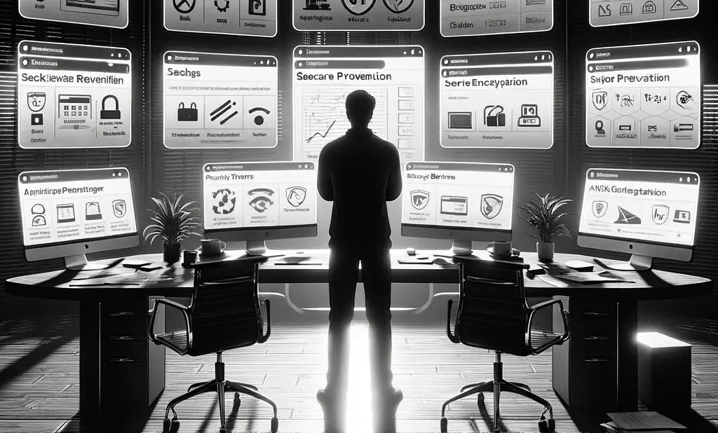 Quais recursos devo procurar em um navegador de privacidade? Um homem em frente a várias telas de computador com opções de pesagem exibidas nelas.