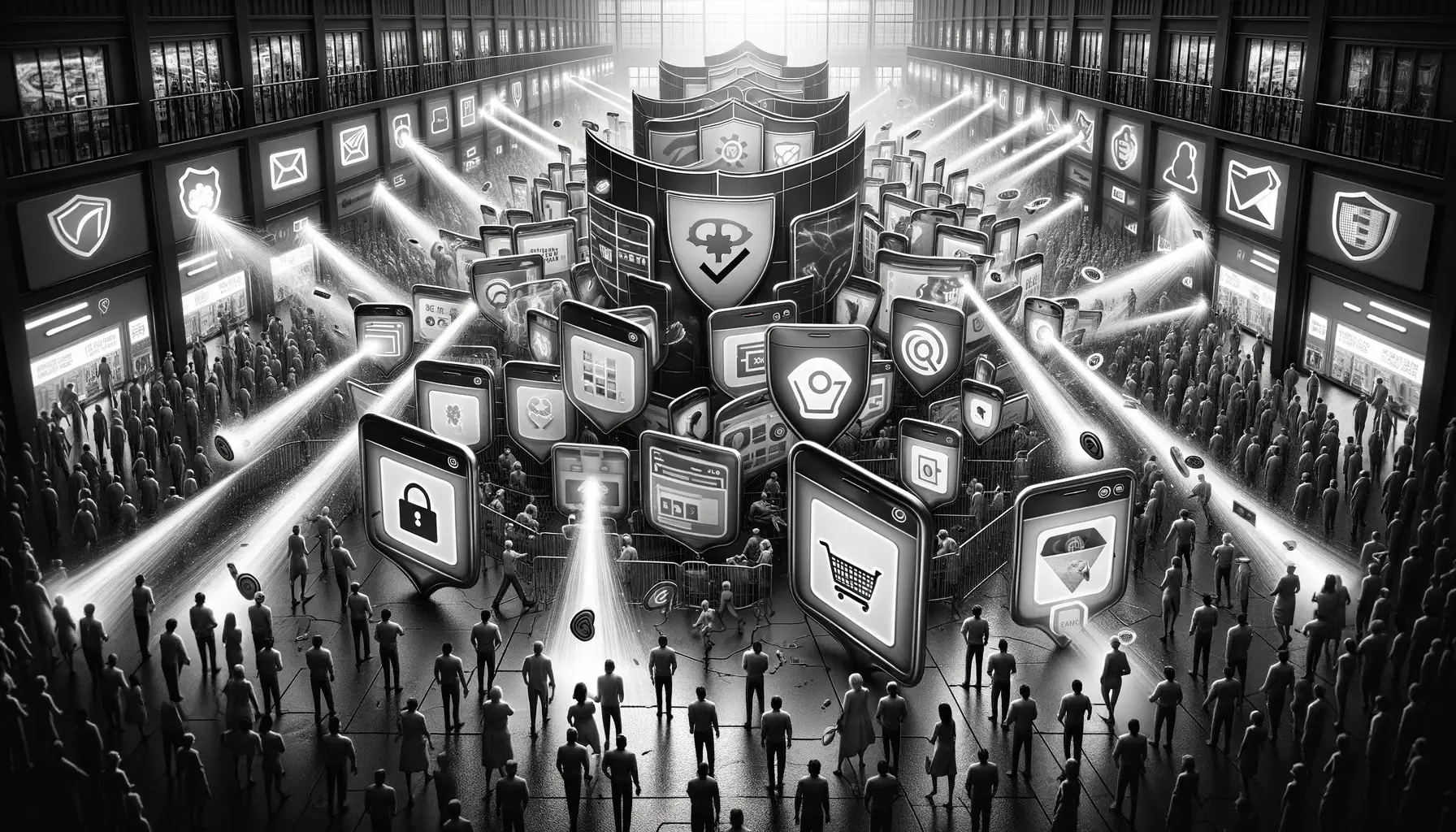 Составное изображение множества людей и множества дисплеев на большой площади, чтобы передать тему: Какое влияние оказывают браузеры на таргетированную рекламу?