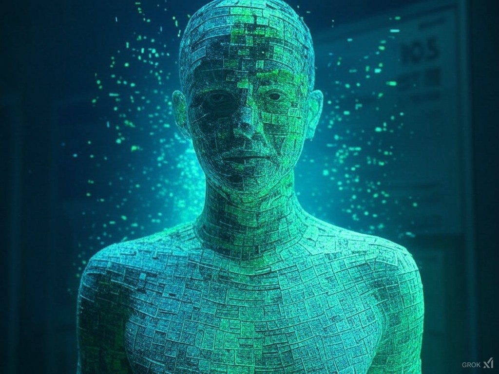 a human figure built of data bits