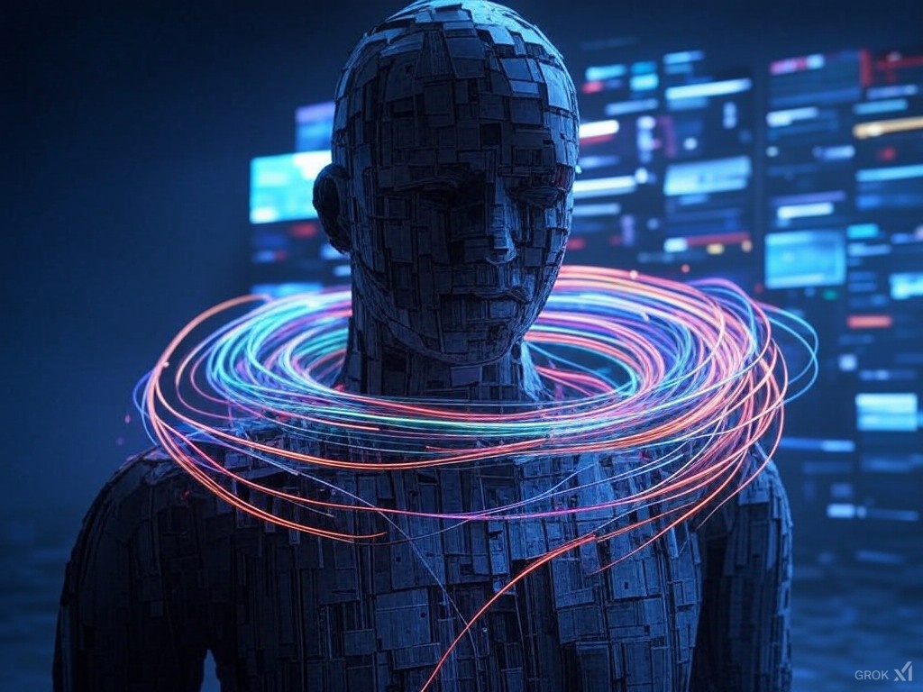 A man with a swirl of data around his neck