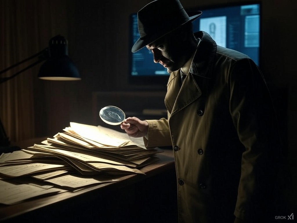 a spy investigating documents