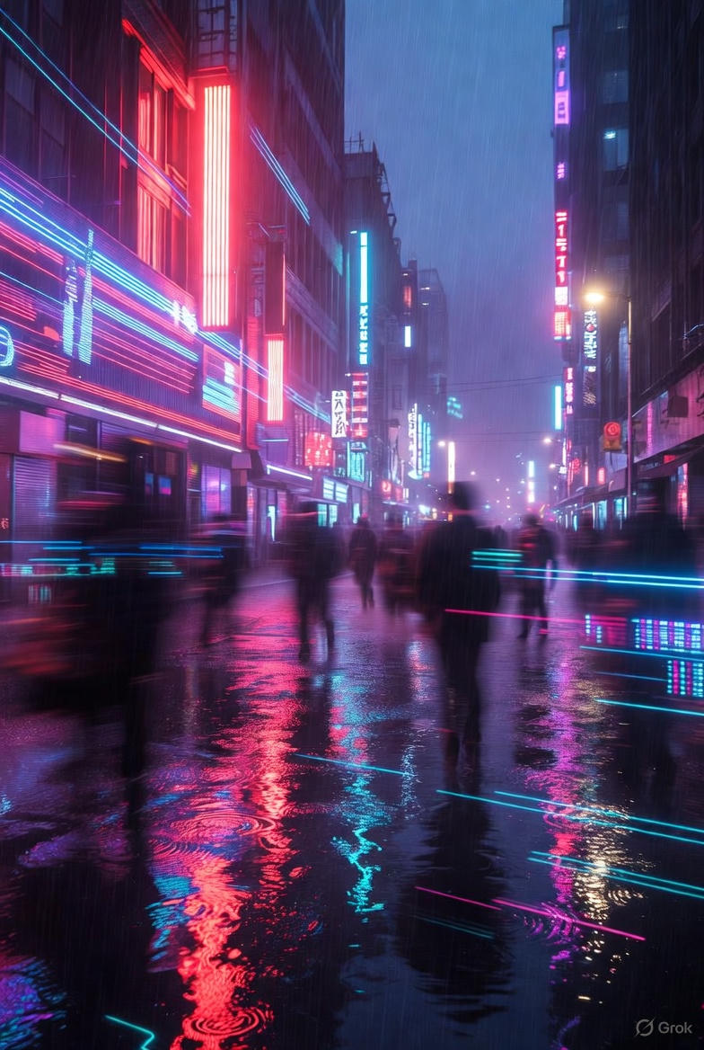neon streets with blurry silhouettes