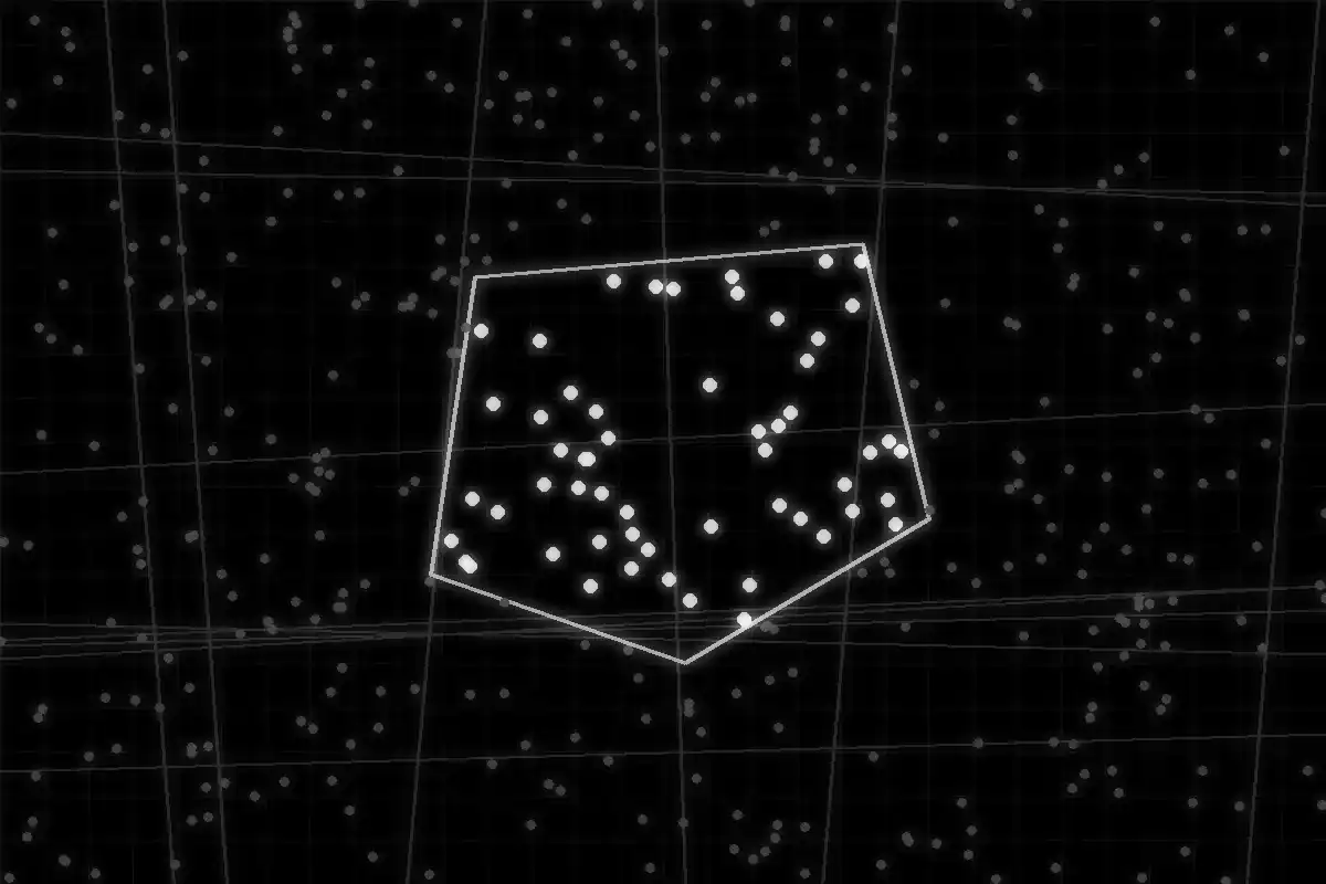 Geofence warrant illustration: a polygon drawn over a city street grid with phone location dots highlighted inside the boundary