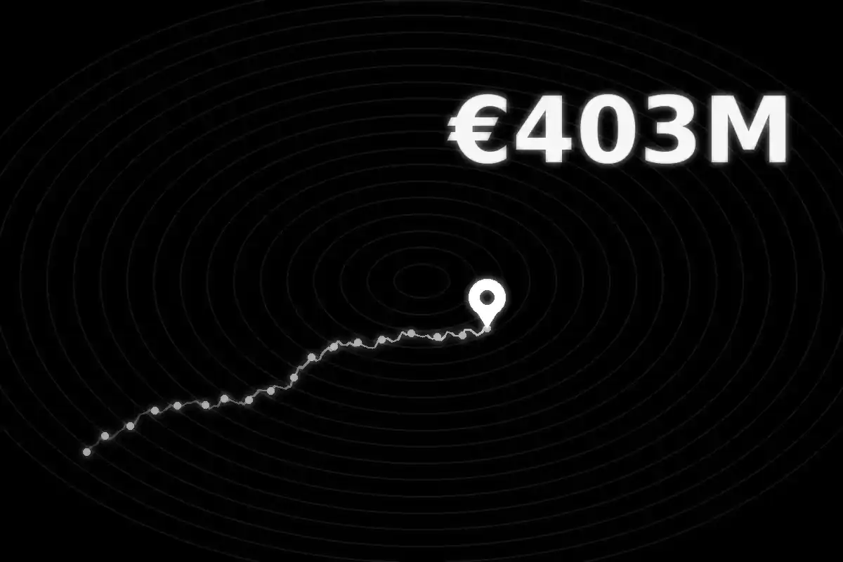 A glowing location-history trail ending in a map pin beneath the figure €403M, representing Ireland's fine against Google over location data