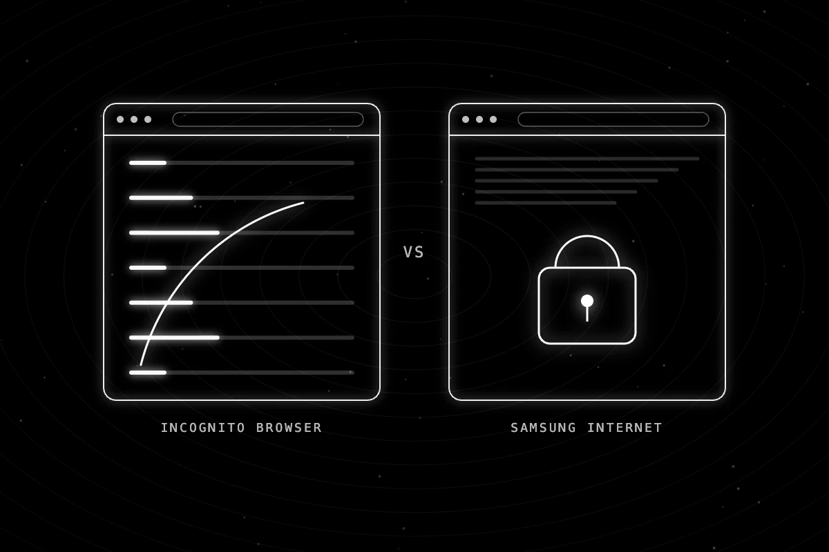 نافذتان للمتصفح جنبًا إلى جنب: متصفح «Incognito» وهو يقوم بمسح سجله، ومتصفح «Samsung Internet» مع رمز قفل يشير إلى «الوضع السري».
